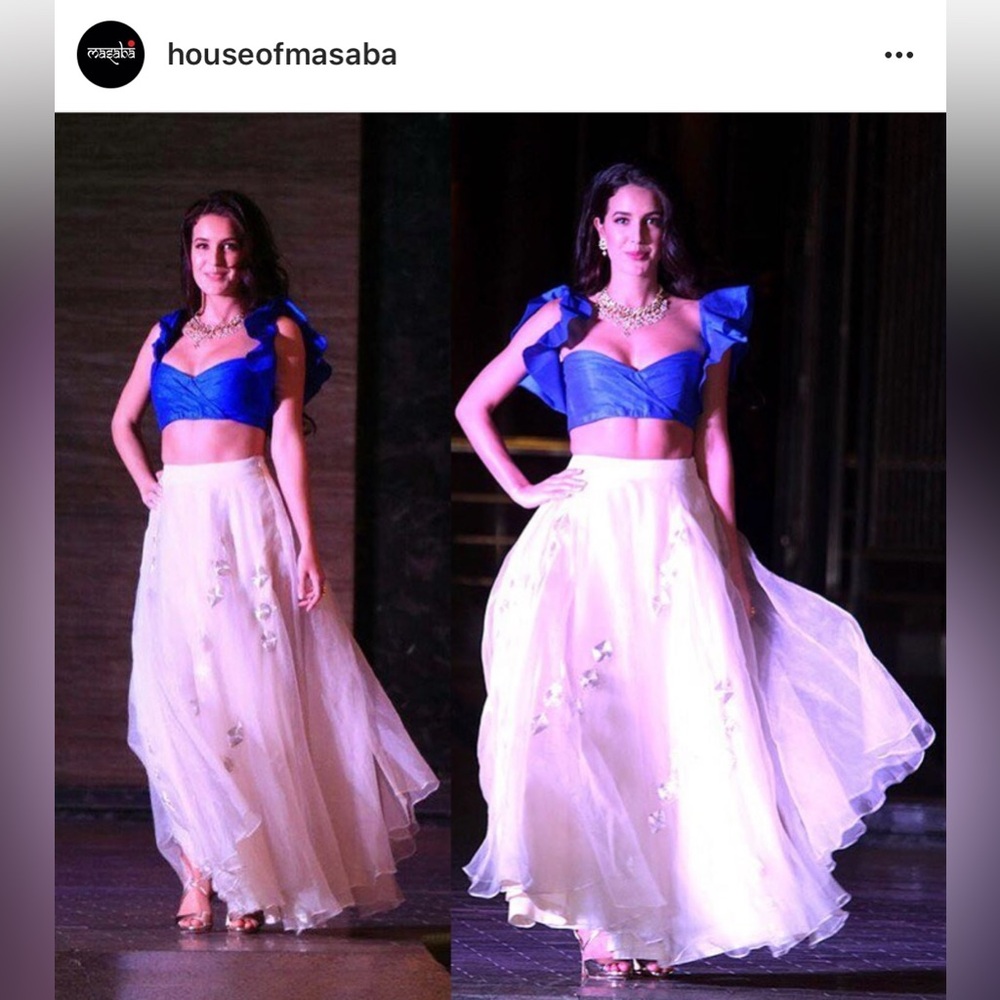 House of Masaba Ivory Embroidered Organza Lehenga with Blue Ruffle Blouse.